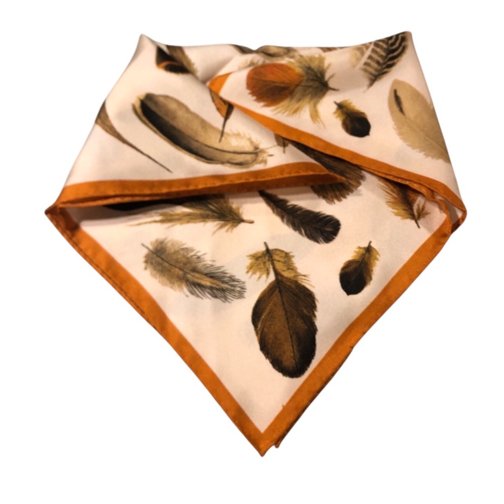 Orange Trim Cream Feather Print Boho Pocket Kerchief Eclectic Unique 13’’ X 13’’